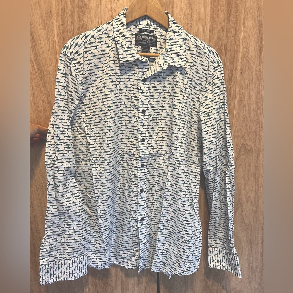 American Rag NEW Men’s SHARKS PRINT long sleeve casual cotton button down shirt